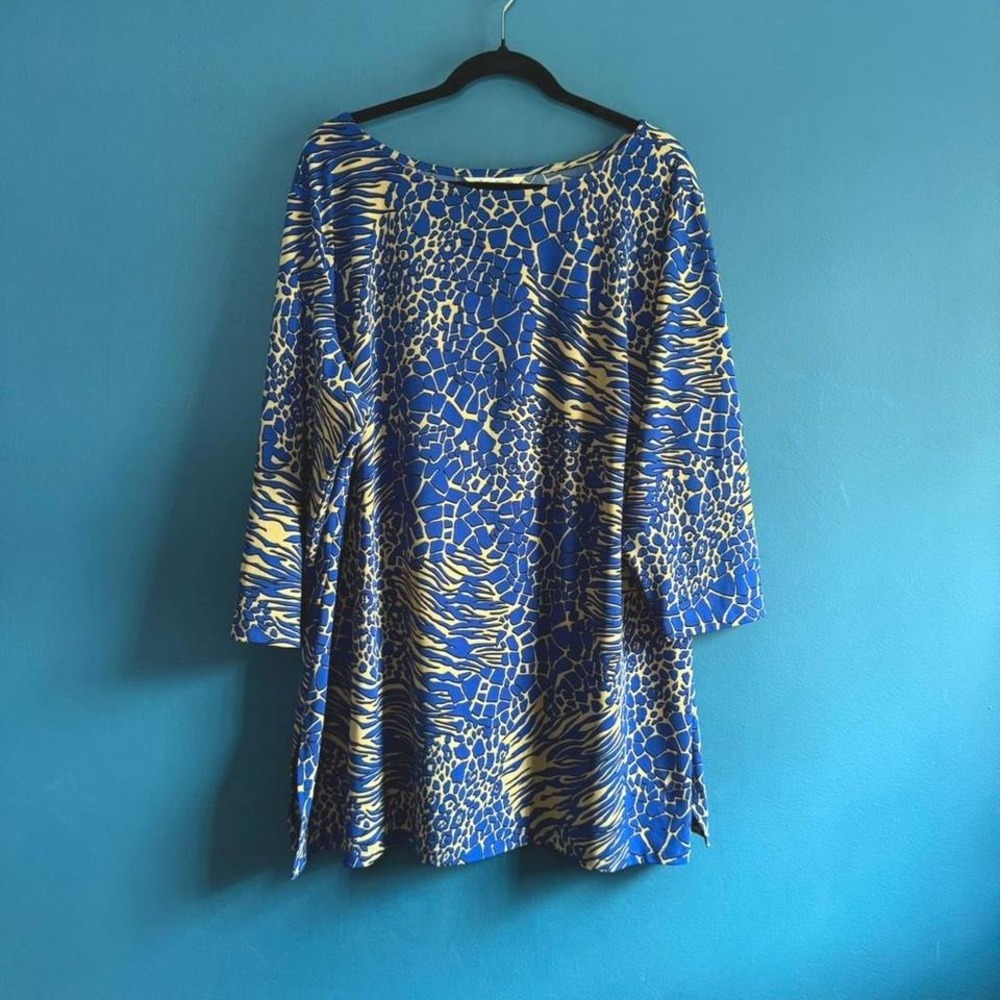 Travelsmith Animal Print Tunic Women's Plus Size‎ 2X Blue Tan Retro USA No Iron